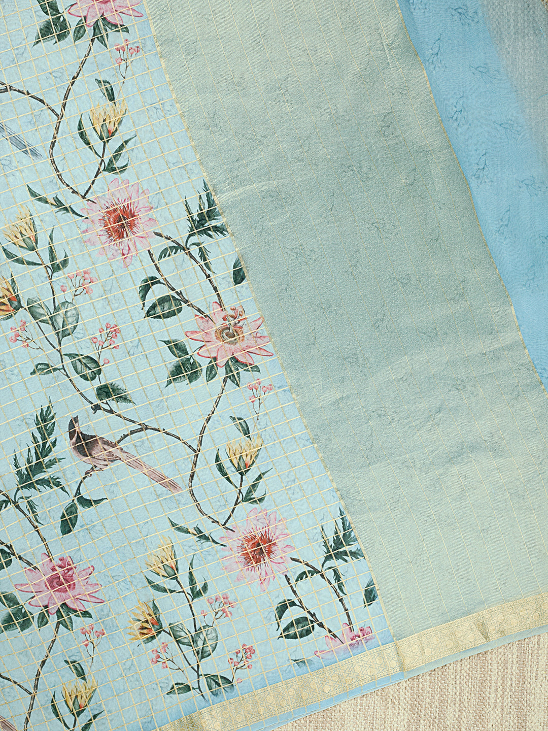 Blue Organza Silk Kalamkari Print and Checks Banarasi Saree_3