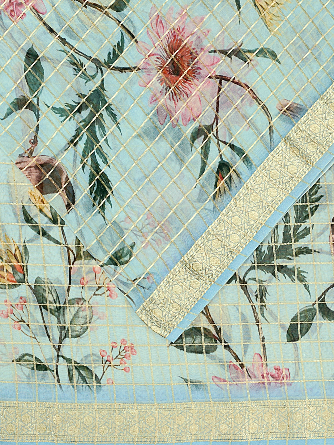 Blue Organza Silk Kalamkari Print and Checks Banarasi Saree_2