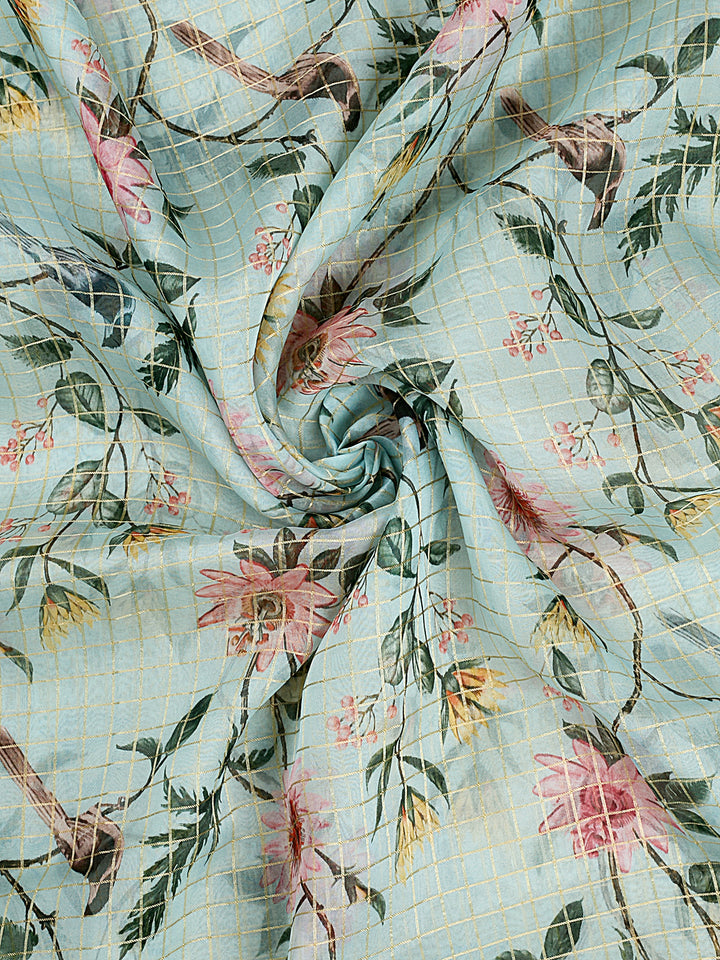 Blue Organza Silk Kalamkari Print and Checks Banarasi Saree