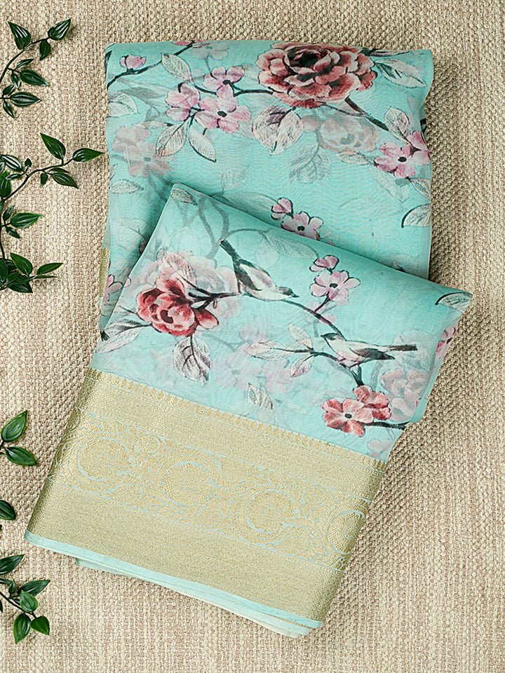 Firozi Organza Silk Printed Banarasi Saree