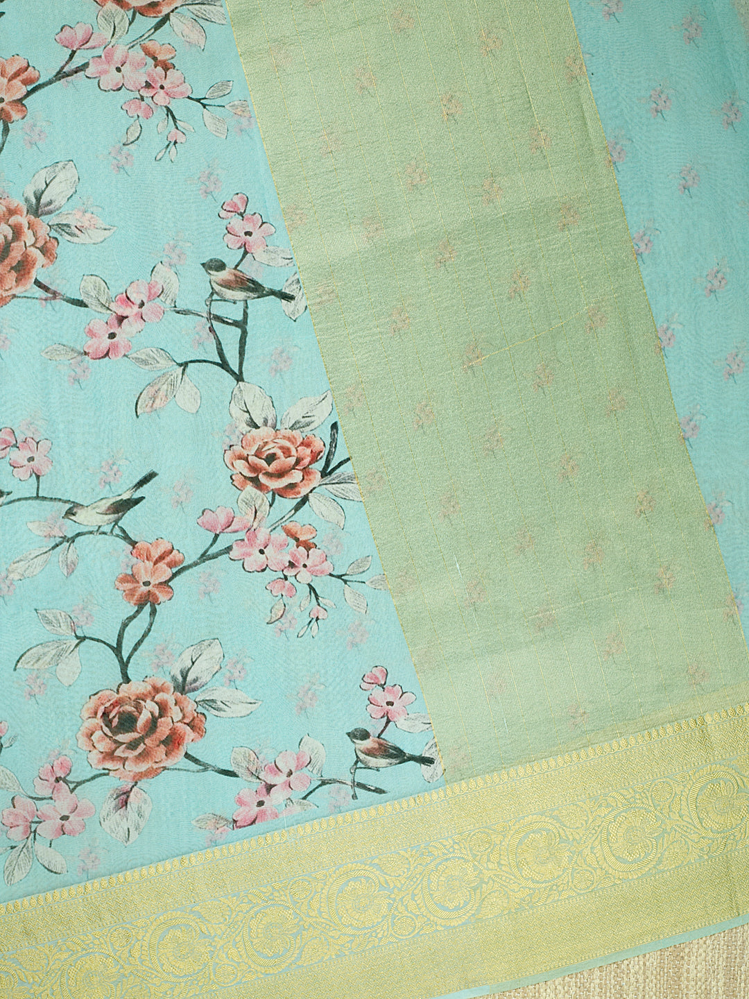 Firozi Organza Silk Printed Banarasi Saree_3