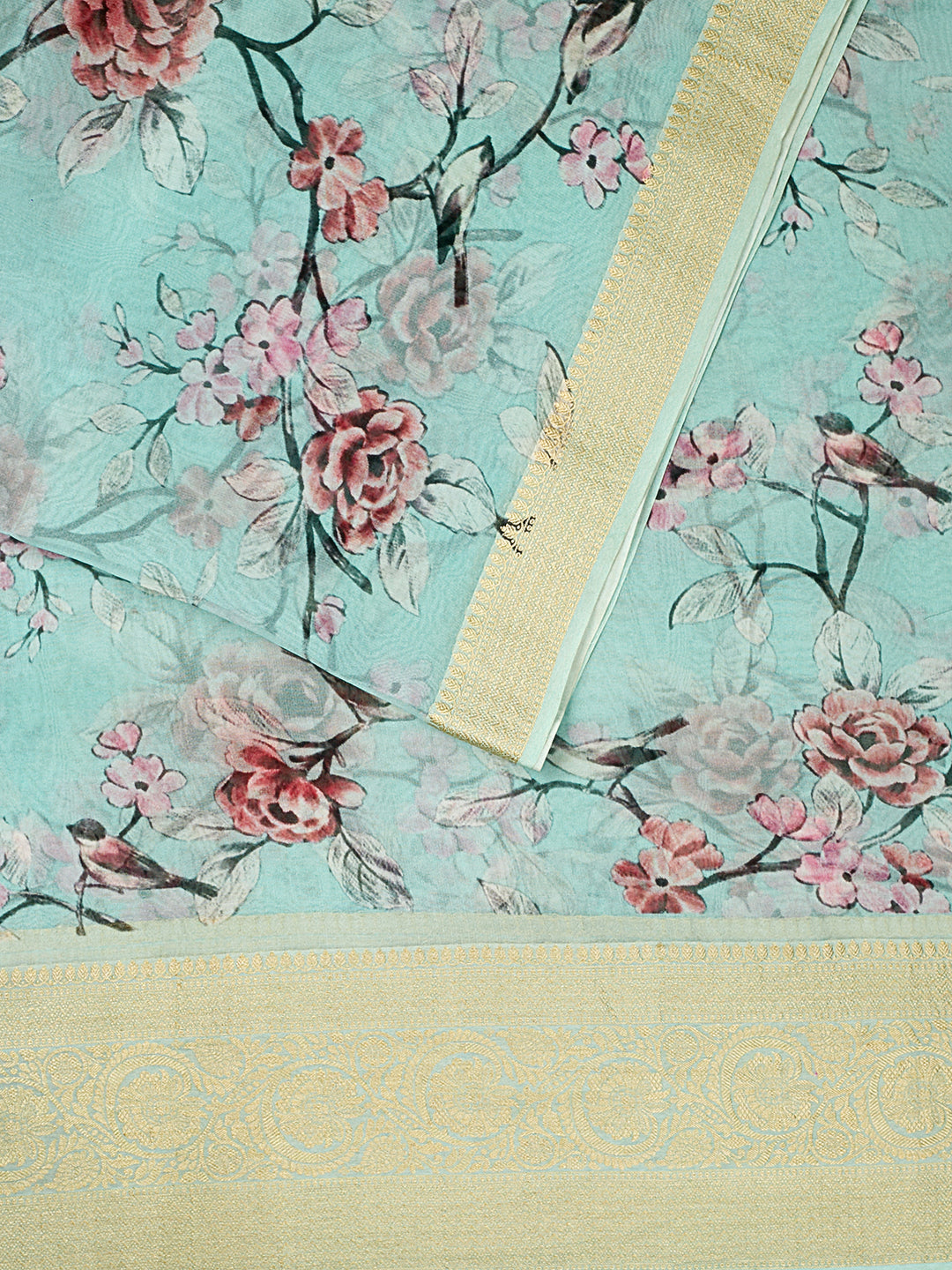 Firozi Organza Silk Printed Banarasi Saree_2