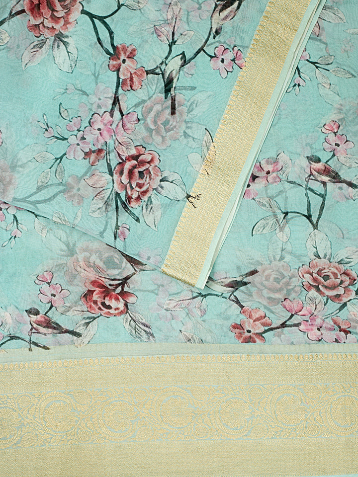 Firozi Organza Silk Printed Banarasi Saree