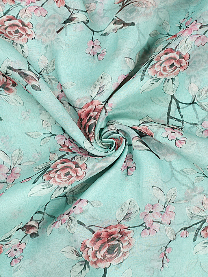 Firozi Organza Silk Printed Banarasi Saree