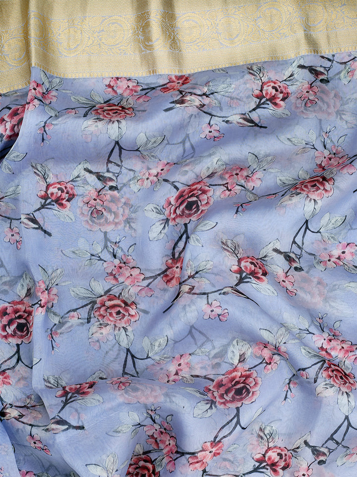 Lavender Organza Silk Printed Banarasi Saree