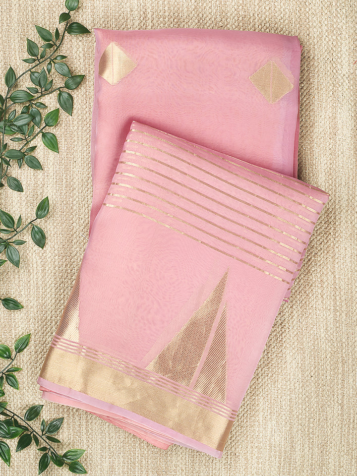 Pink Organza Silk Gold Zari Buti (Kadwa) Banarasi Saree