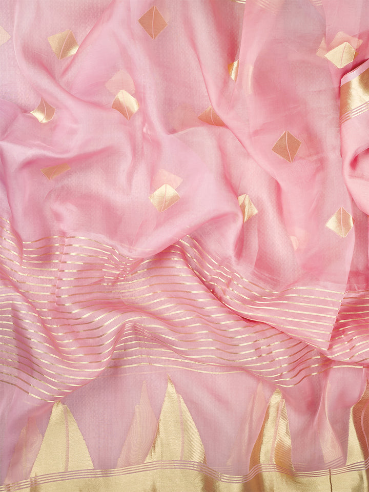 Pink Organza Silk Gold Zari Buti (Kadwa) Banarasi Saree
