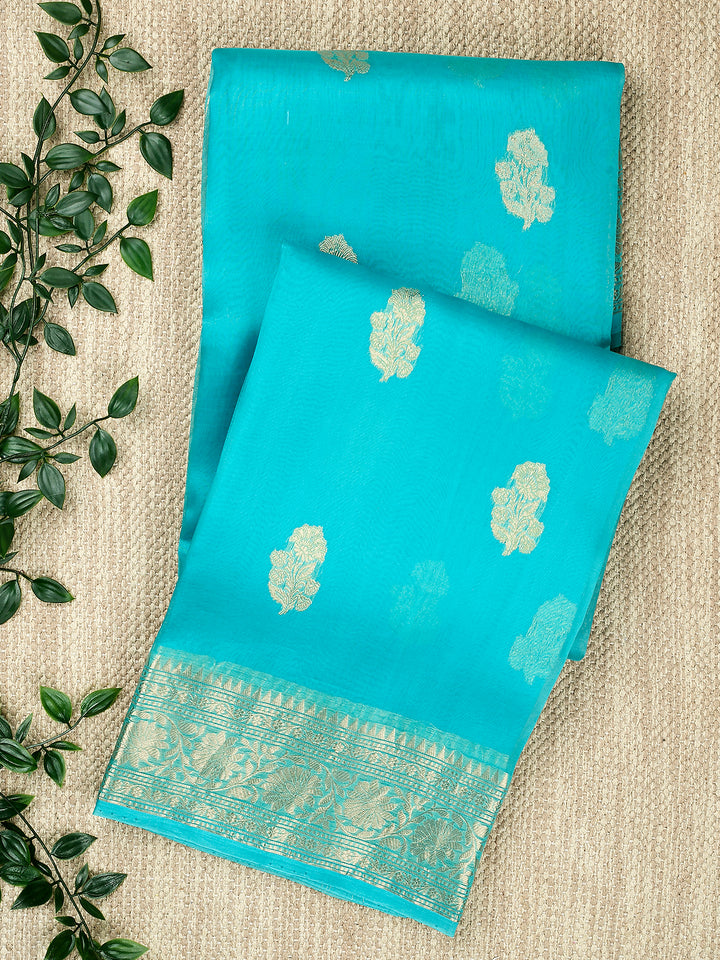 Firozi Organza Silk Silver Zari Buti Banarasi Saree