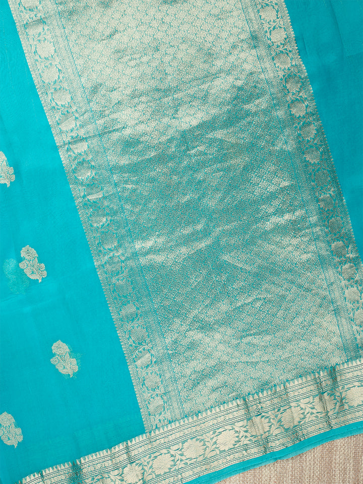 Firozi Organza Silk Silver Zari Buti Banarasi Saree