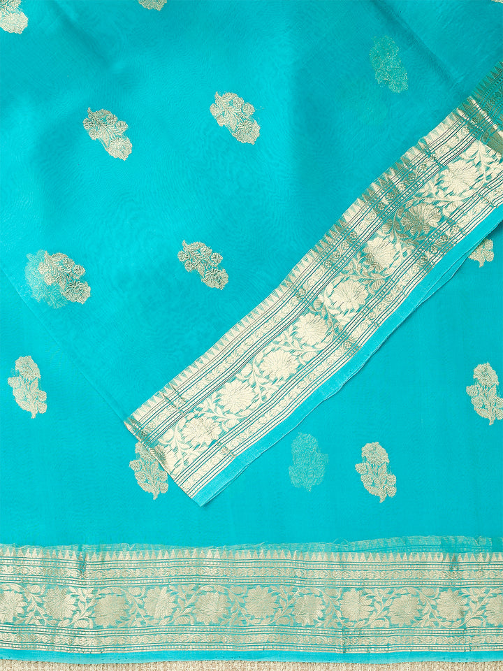 Firozi Organza Silk Silver Zari Buti Banarasi Saree