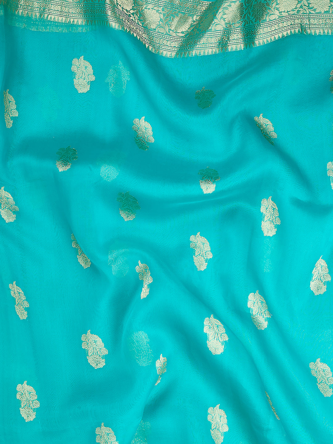 Firozi Organza Silk Silver Zari Buti Banarasi Saree_5