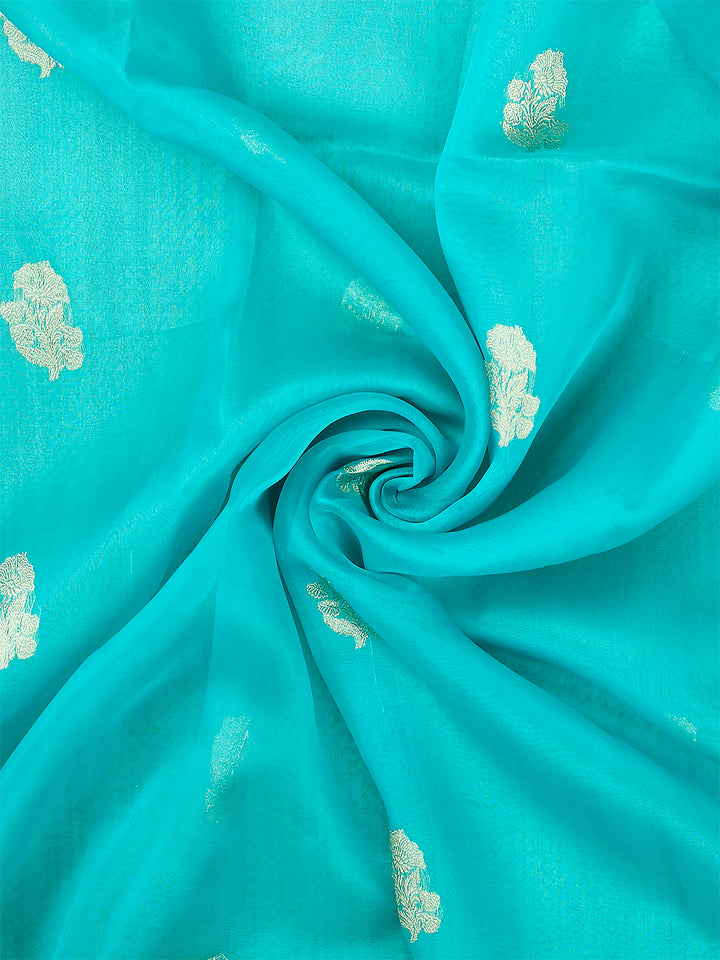 Firozi Organza Silk Silver Zari Buti Banarasi Saree