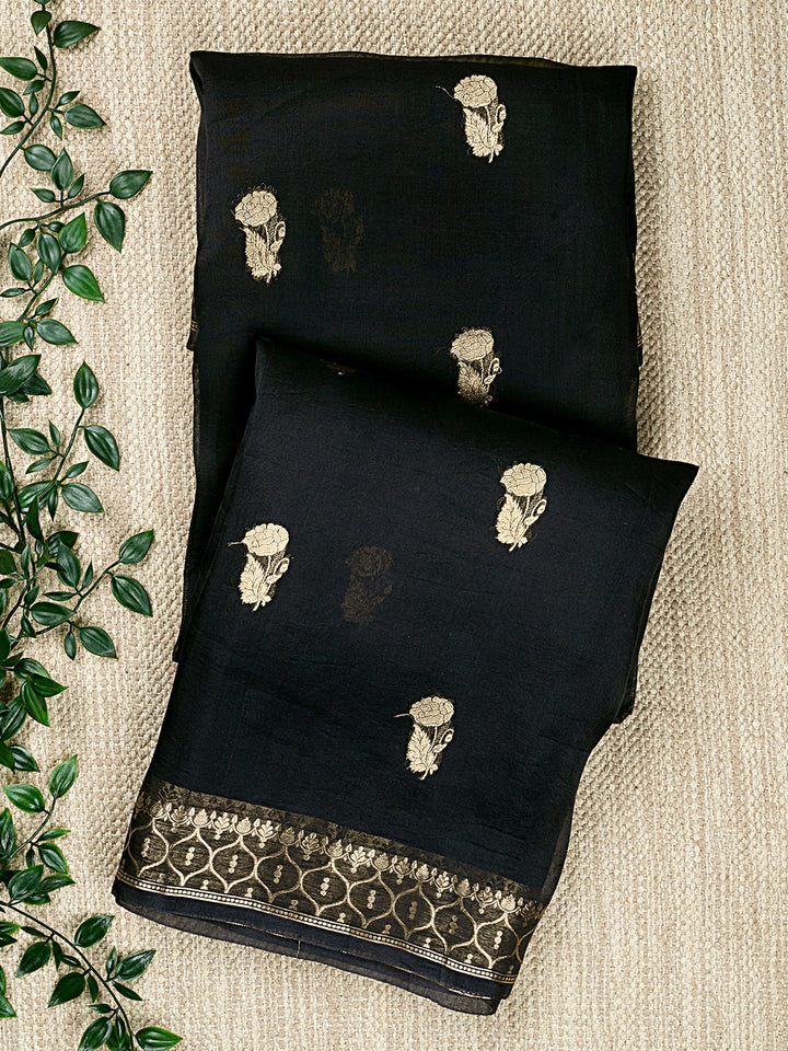 Black Organza Silk Gold Zari Buti Banarasi Saree