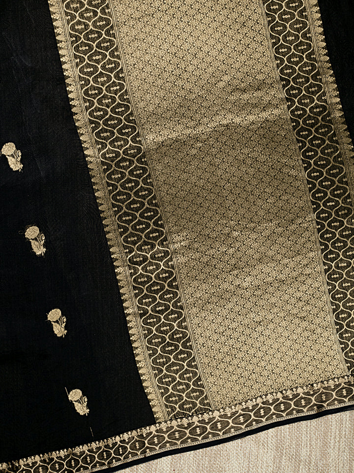 Black Organza Silk Gold Zari Buti Banarasi Saree