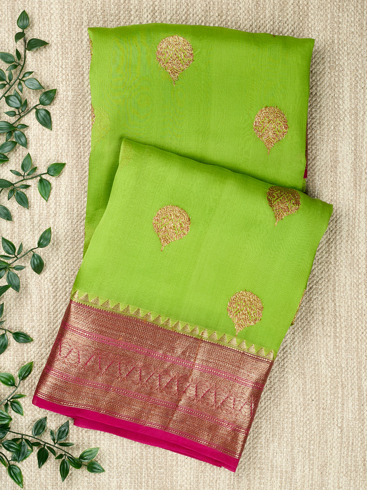 Green Organza Silk Antique Zari Buta Banarasi Saree