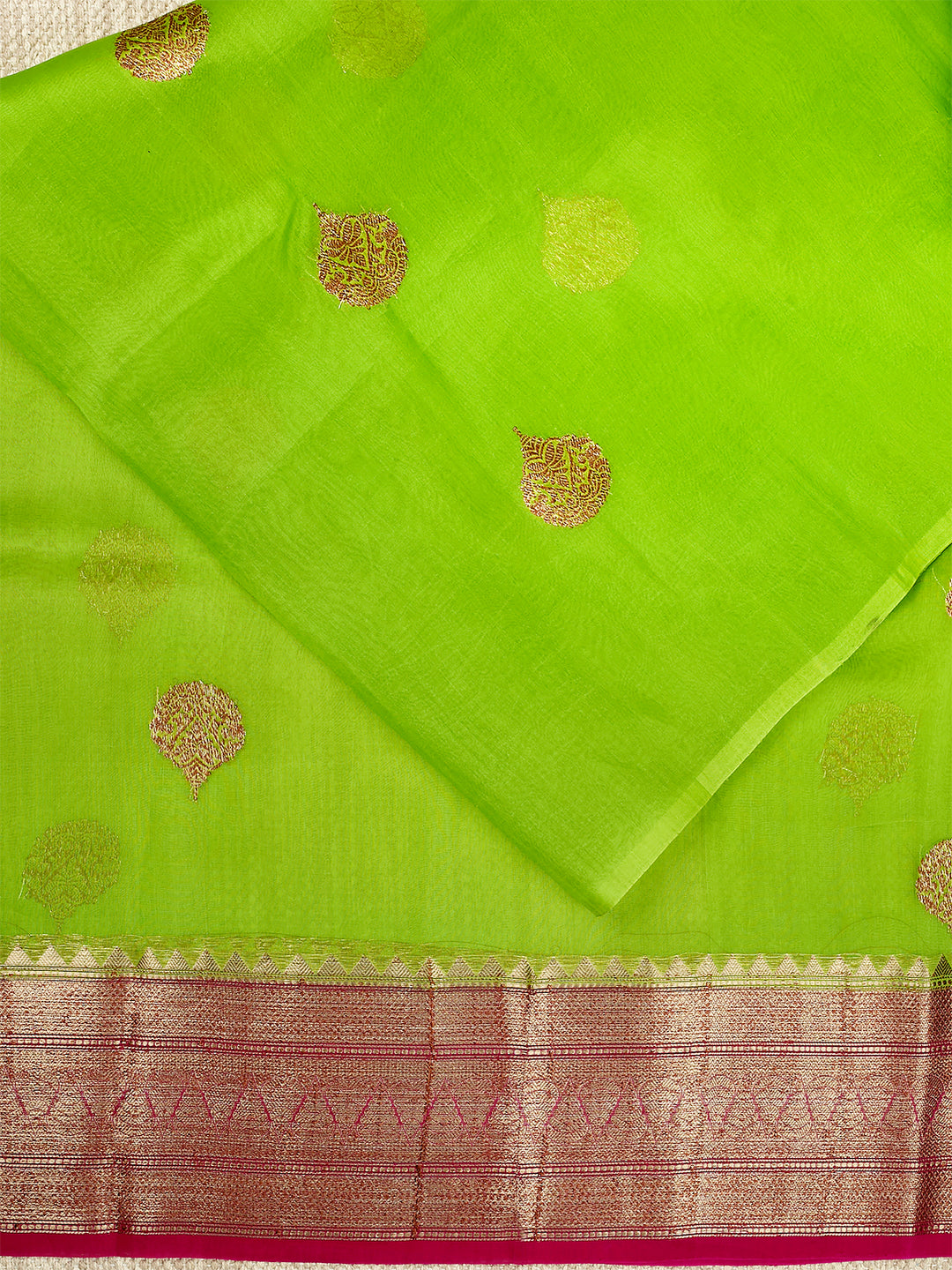 Green Organza Silk Antique Zari Buta Banarasi Saree_2