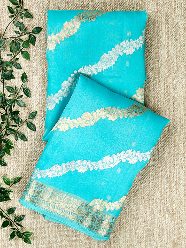 Firozi Organza Silk Sonarupa Leheriya and Lining Banarasi Saree