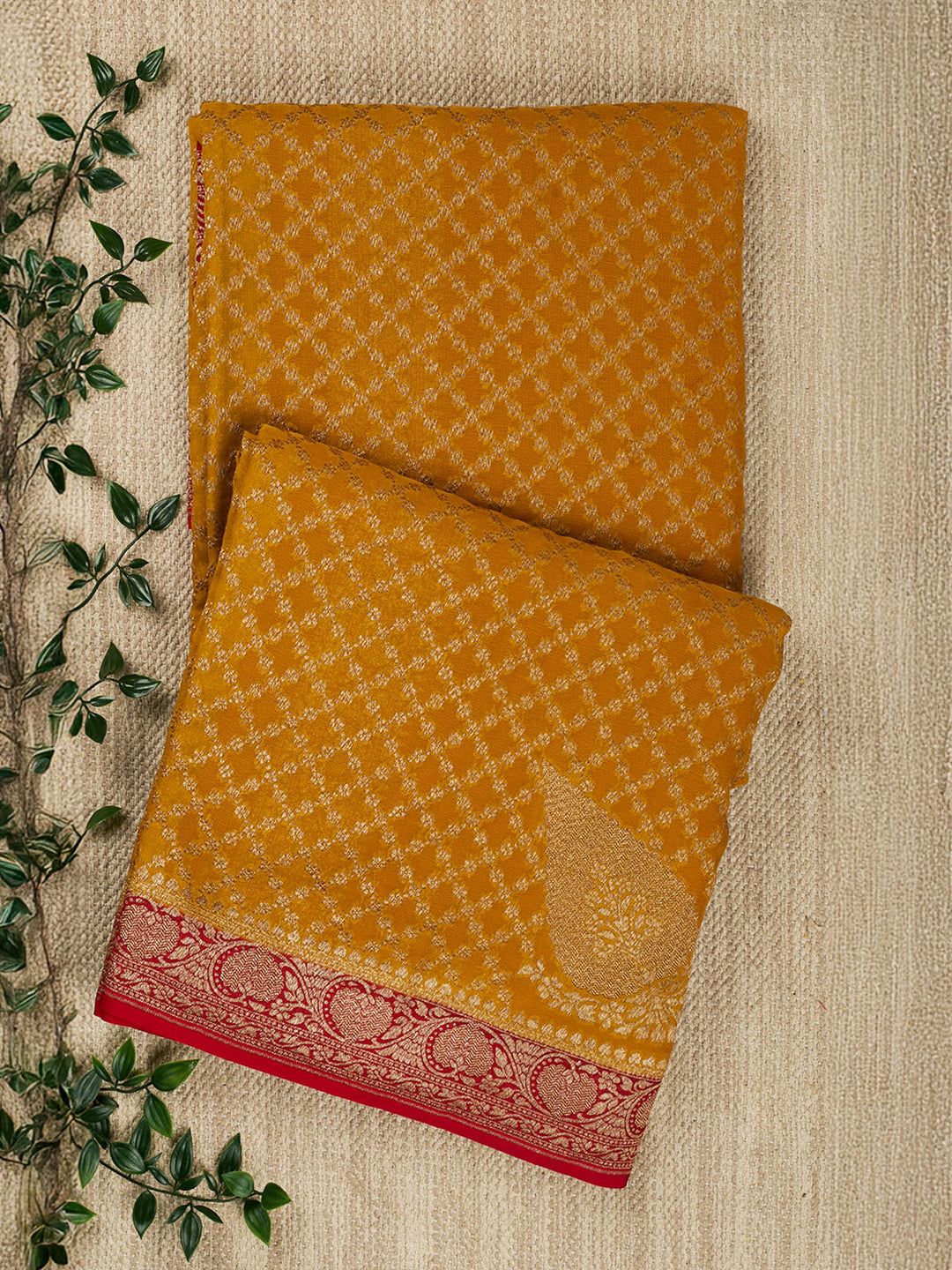 Mustard Yellow Khaddi Georgette Silk Banarasi Saree_1