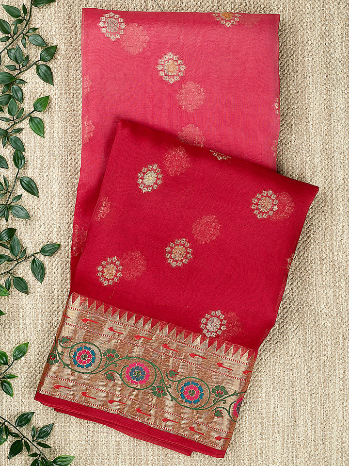 Red Organza Silk Gold Zari Buti Banarasi Saree