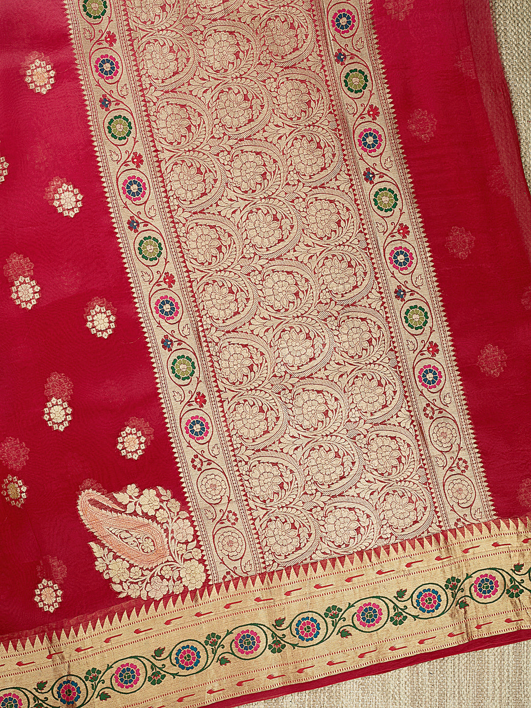 Red Organza Silk Gold Zari Buti Banarasi Saree_3