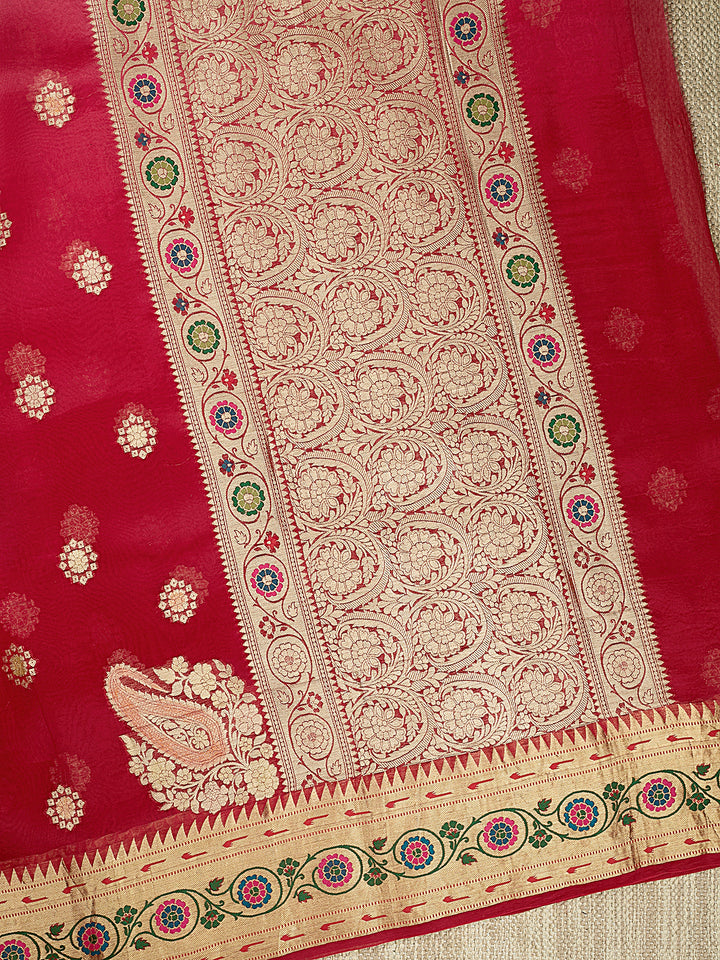 Red Organza Silk Gold Zari Buti Banarasi Saree