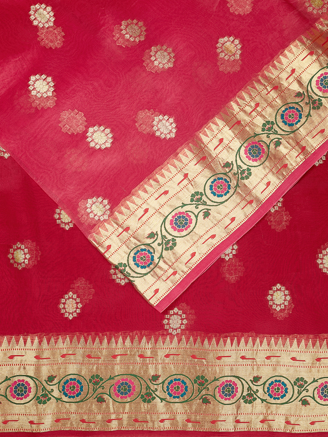 Red Organza Silk Gold Zari Buti Banarasi Saree_2