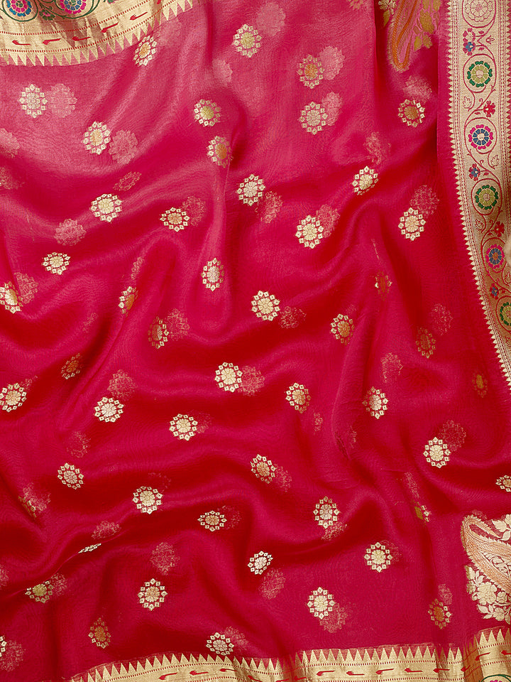 Red Organza Silk Gold Zari Buti Banarasi Saree