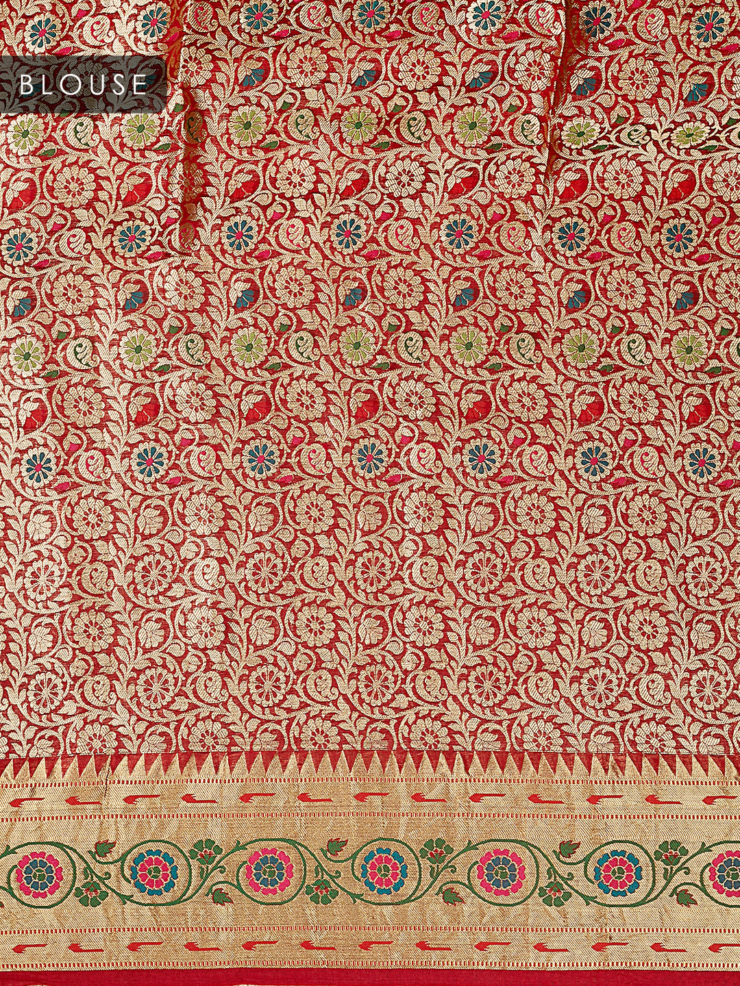 Red Organza Silk Gold Zari Buti Banarasi Saree_5