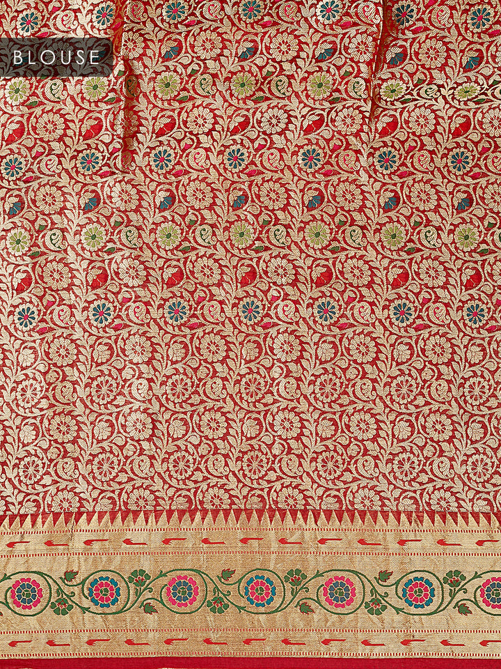 Red Organza Silk Gold Zari Buti Banarasi Saree