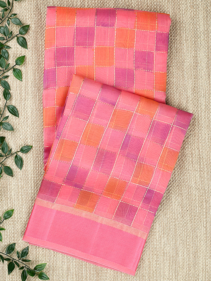 Coral Organza Silk Gold Zari Rangkat Checks Banarasi Saree