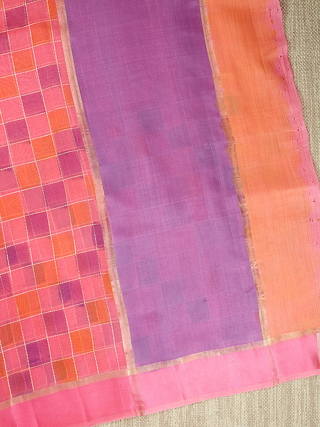 Coral Organza Silk Gold Zari Rangkat Checks Banarasi Saree_3