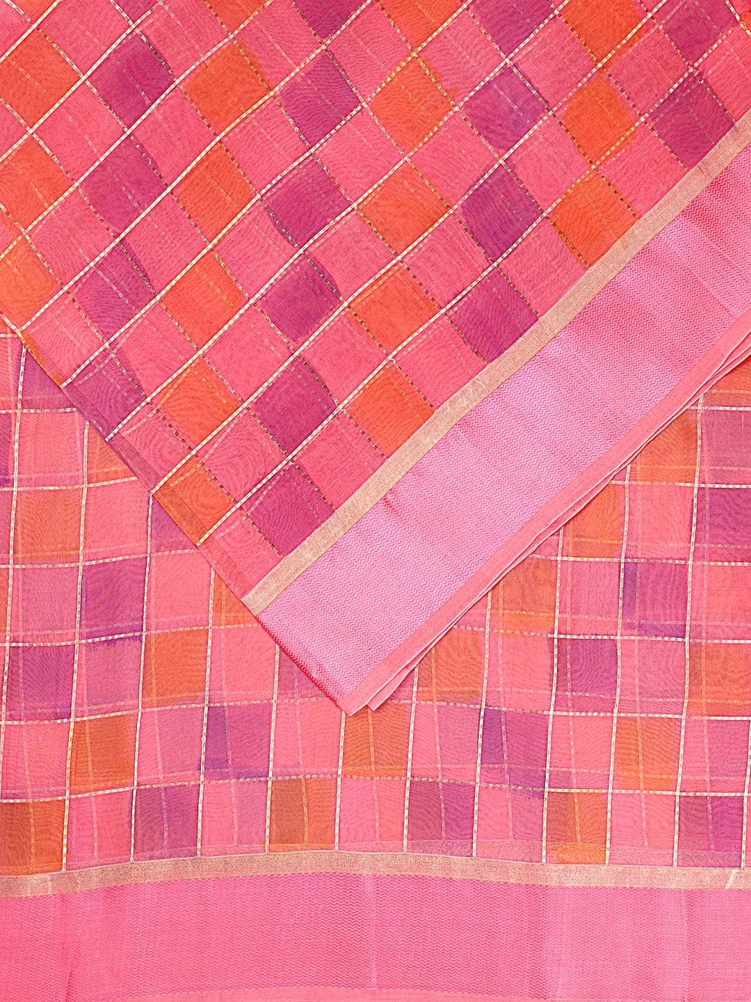 Coral Organza Silk Gold Zari Rangkat Checks Banarasi Saree_2