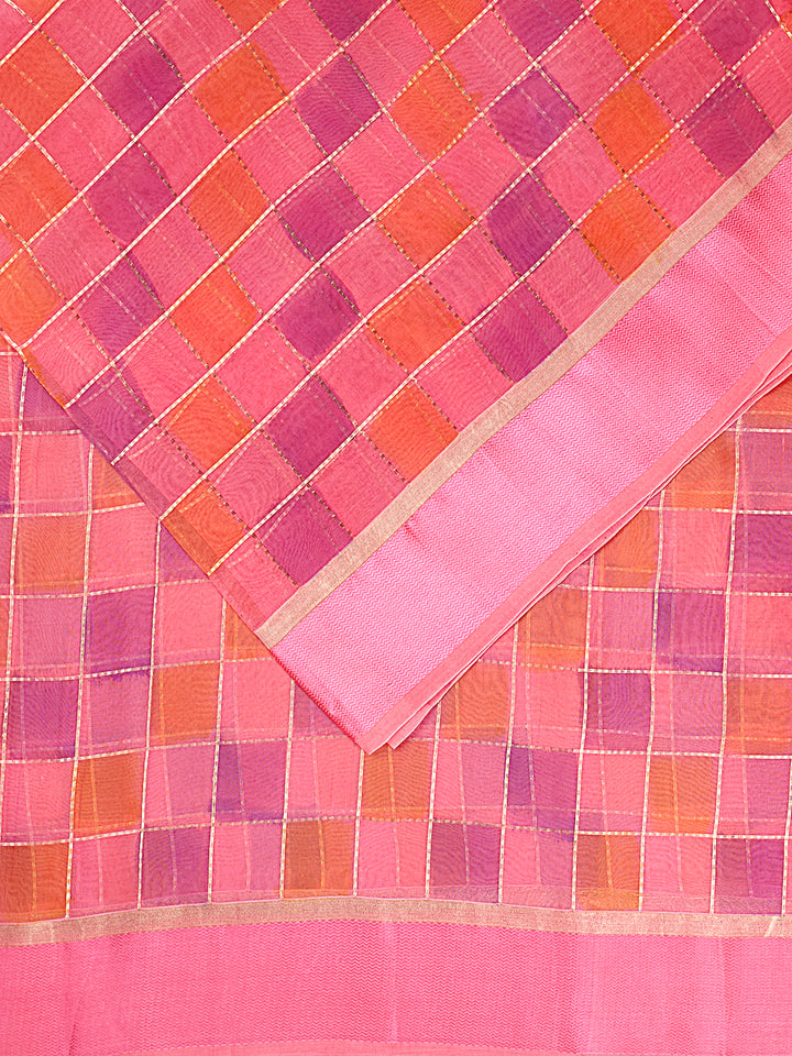 Coral Organza Silk Gold Zari Rangkat Checks Banarasi Saree