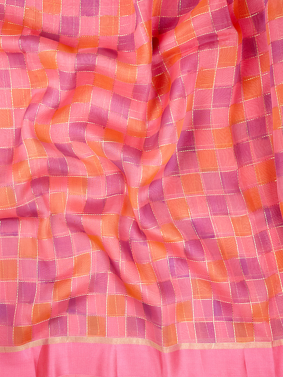 Coral Organza Silk Gold Zari Rangkat Checks Banarasi Saree_4