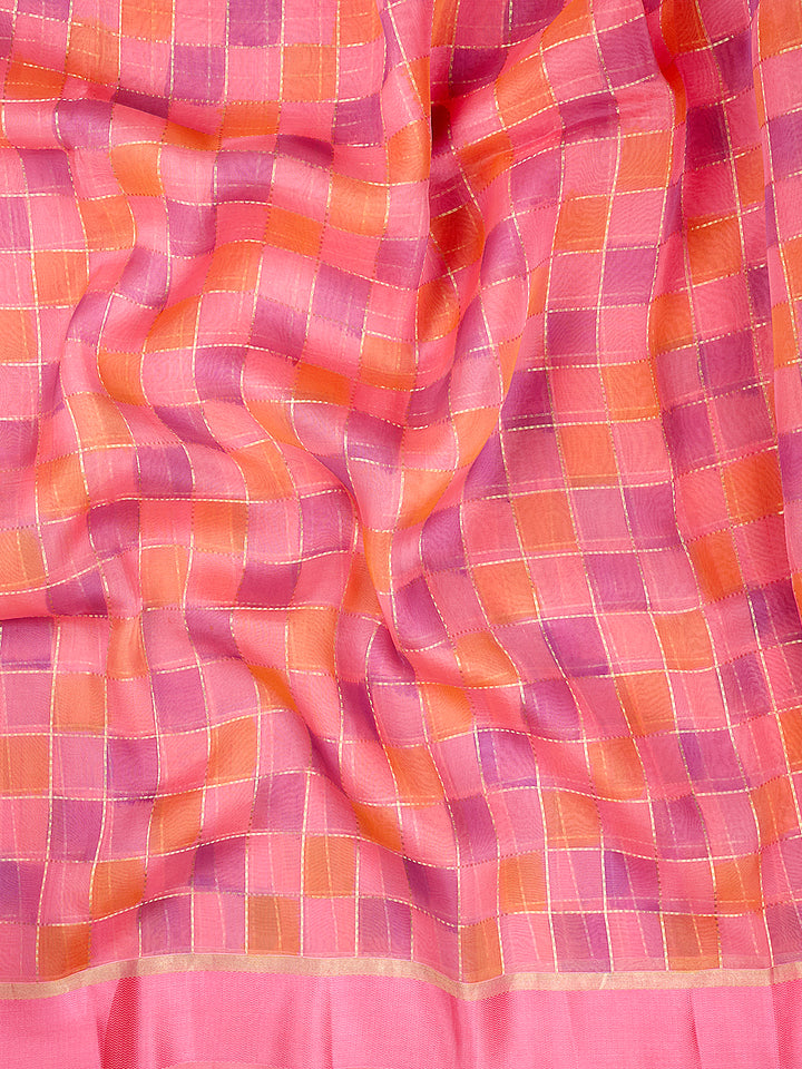 Coral Organza Silk Gold Zari Rangkat Checks Banarasi Saree