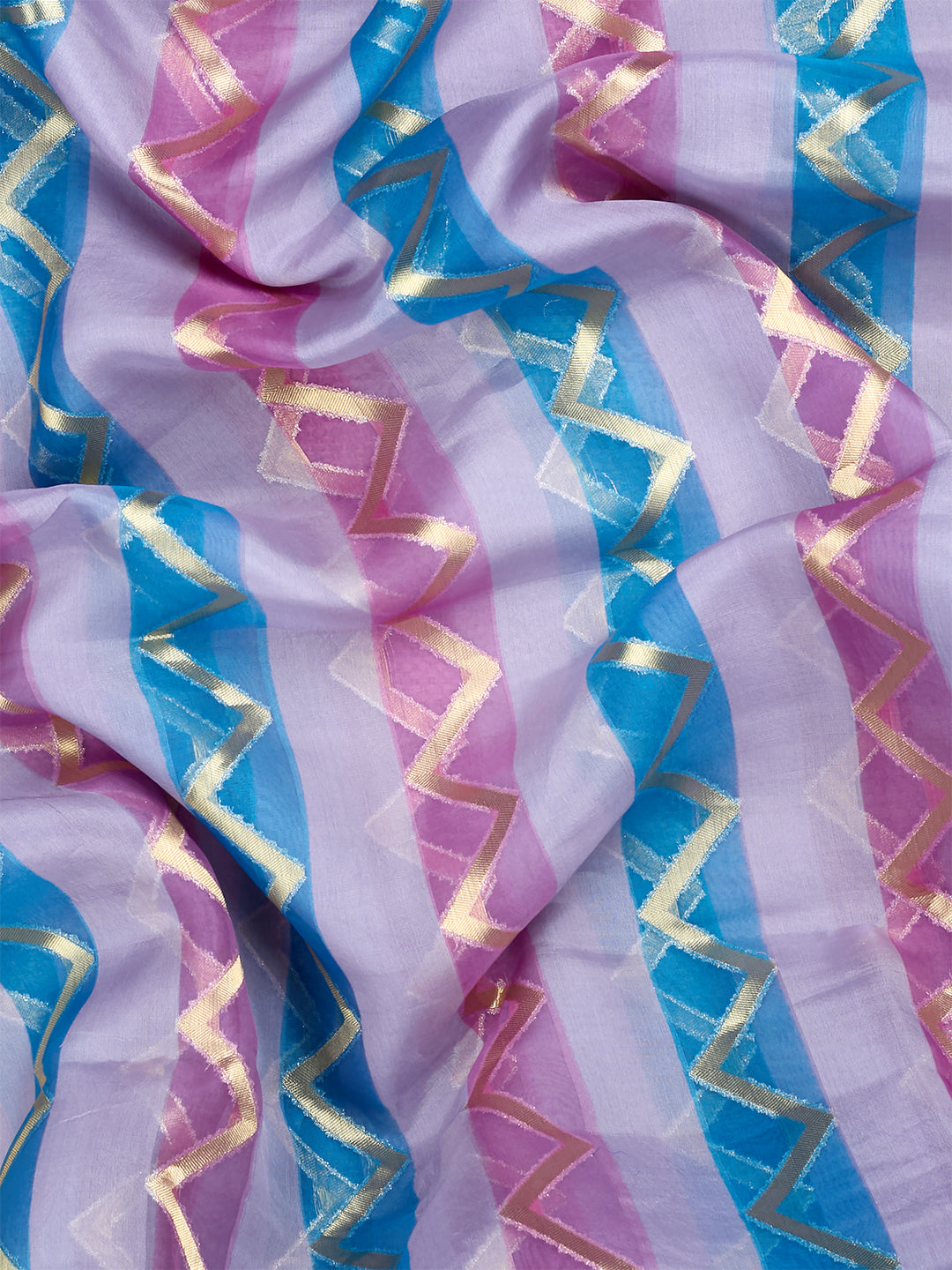 Lavender Organza Silk Gold Zari Leheriya Rangkat Banarasi Saree_5