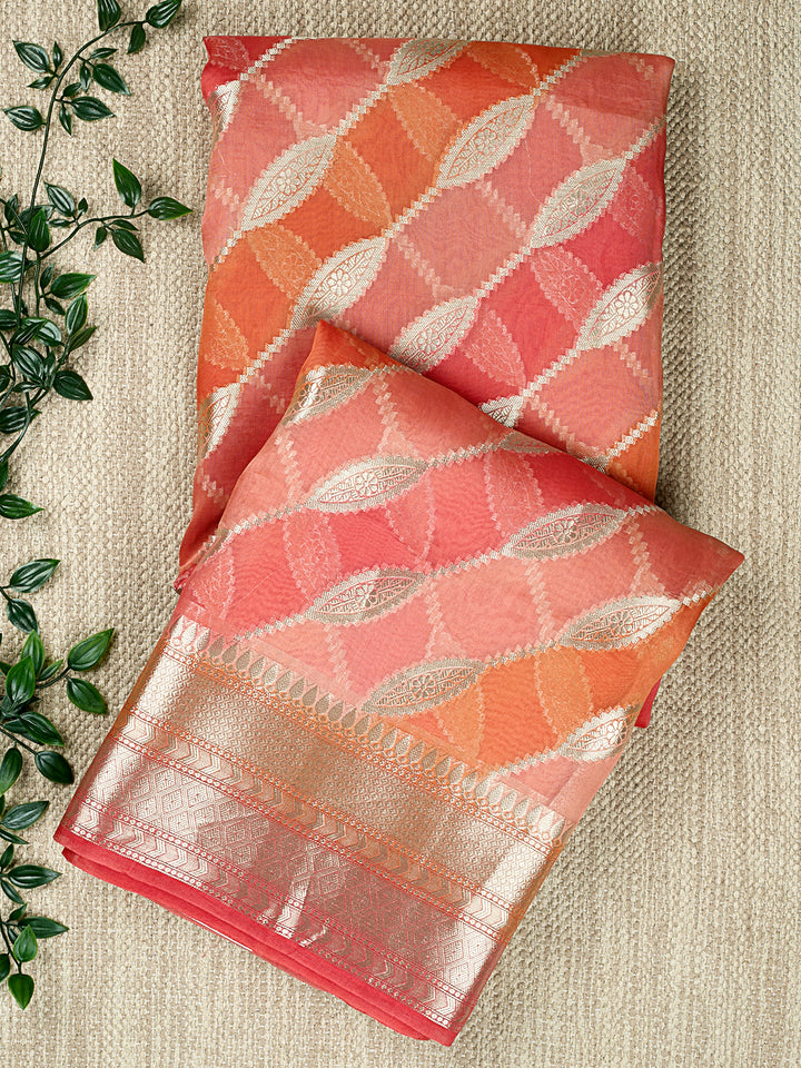 Orange Organza Silk Gold Zari Leheriya Rangkat Banarasi Saree
