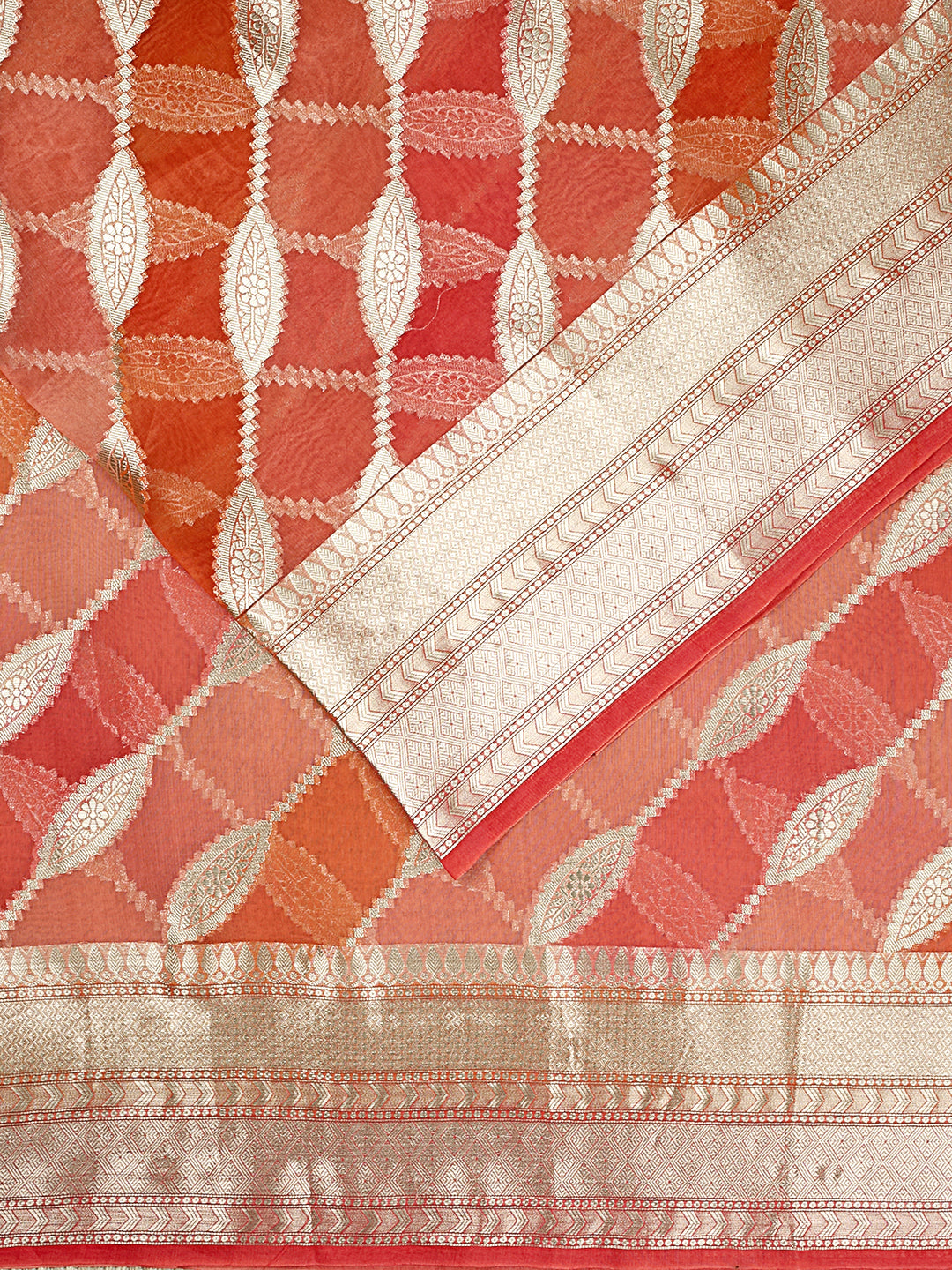 Orange Organza Silk Gold Zari Leheriya Rangkat Banarasi Saree_2