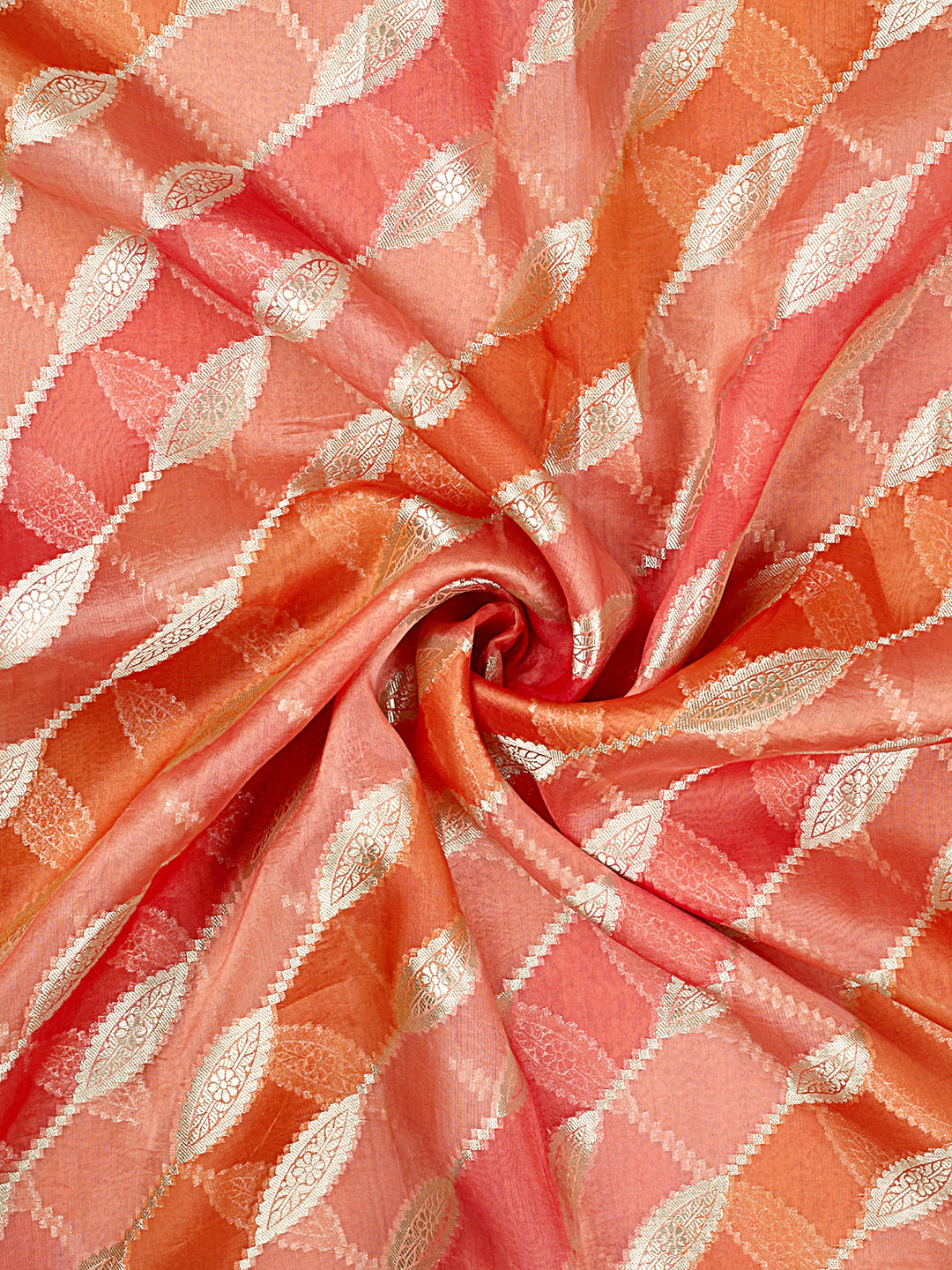 Orange Organza Silk Gold Zari Leheriya Rangkat Banarasi Saree_4