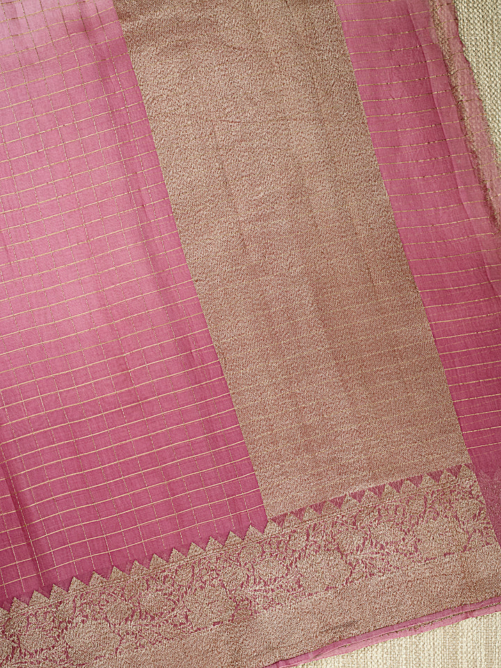 Pink Organza Silk Antique Zari Checks Banarasi Saree