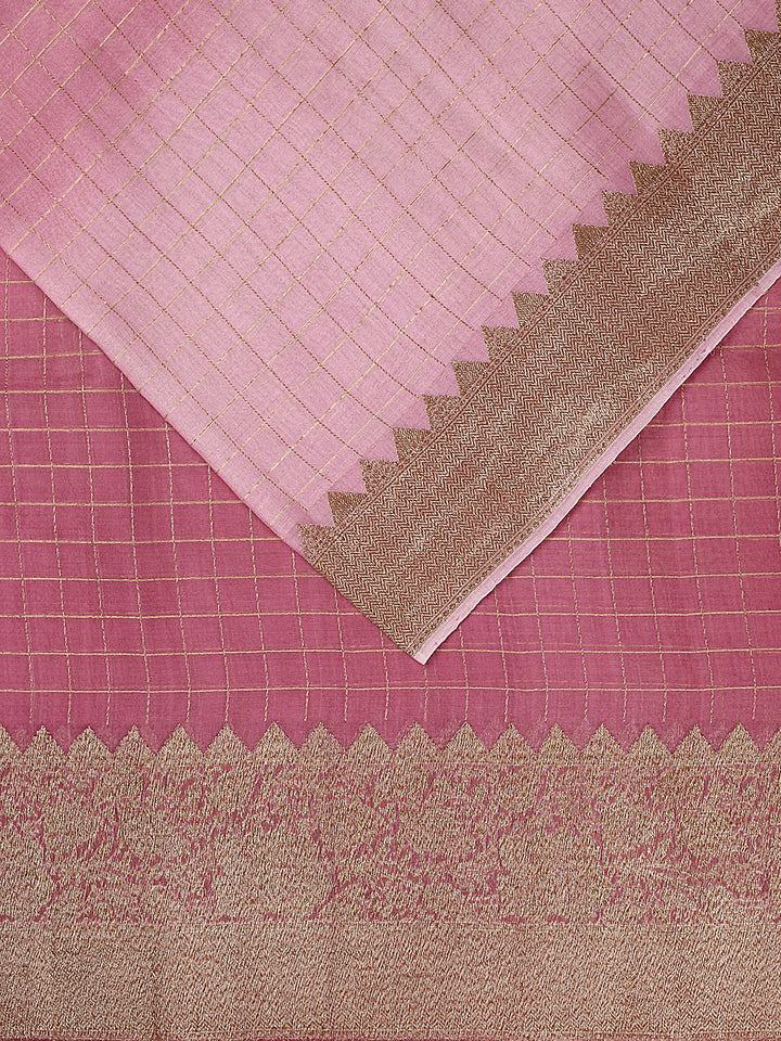 Pink Organza Silk Antique Zari Checks Banarasi Saree