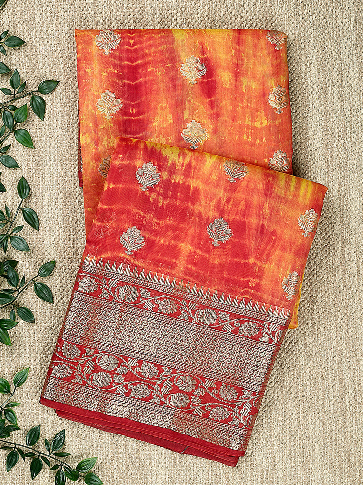 Orange Chanderi Silk Gold Zari Butis Banarasi Saree