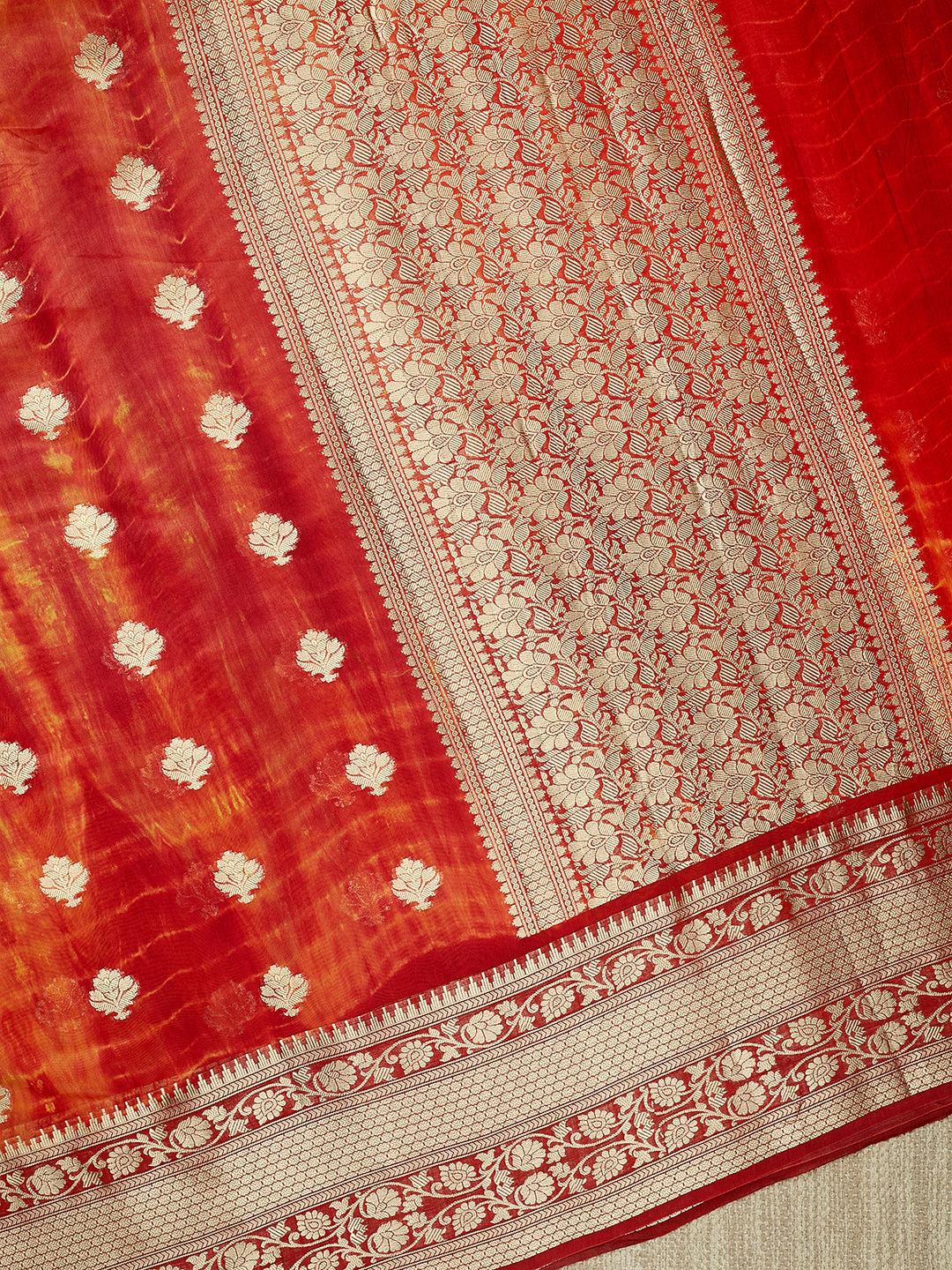 Orange Chanderi Silk Gold Zari Butis Banarasi Saree_3