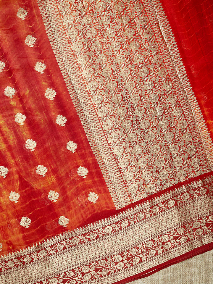 Orange Chanderi Silk Gold Zari Butis Banarasi Saree