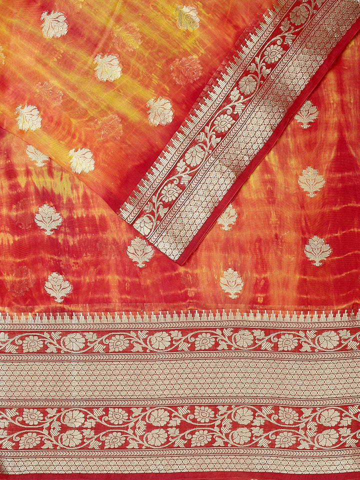 Orange Chanderi Silk Gold Zari Butis Banarasi Saree