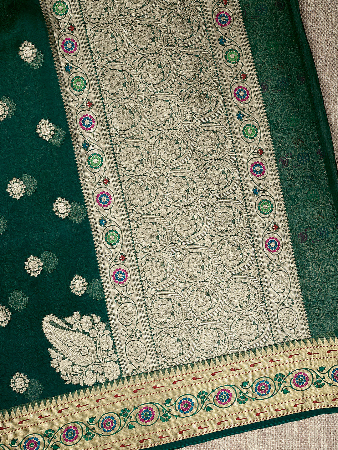 Green Organza Silk Gold Zari Buti Banarasi Saree_3