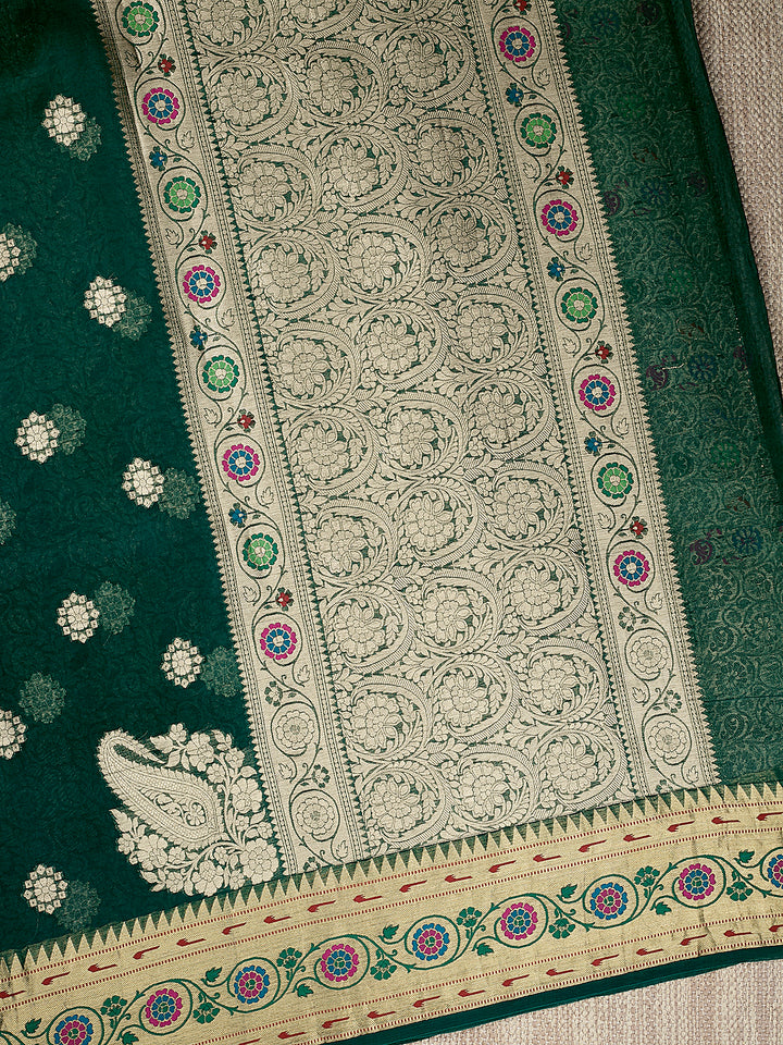 Green Organza Silk Gold Zari Buti Banarasi Saree
