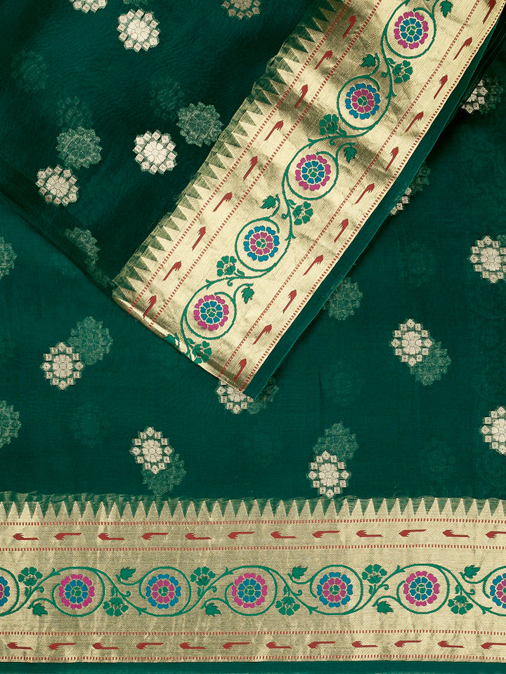 Green Organza Silk Gold Zari Buti Banarasi Saree