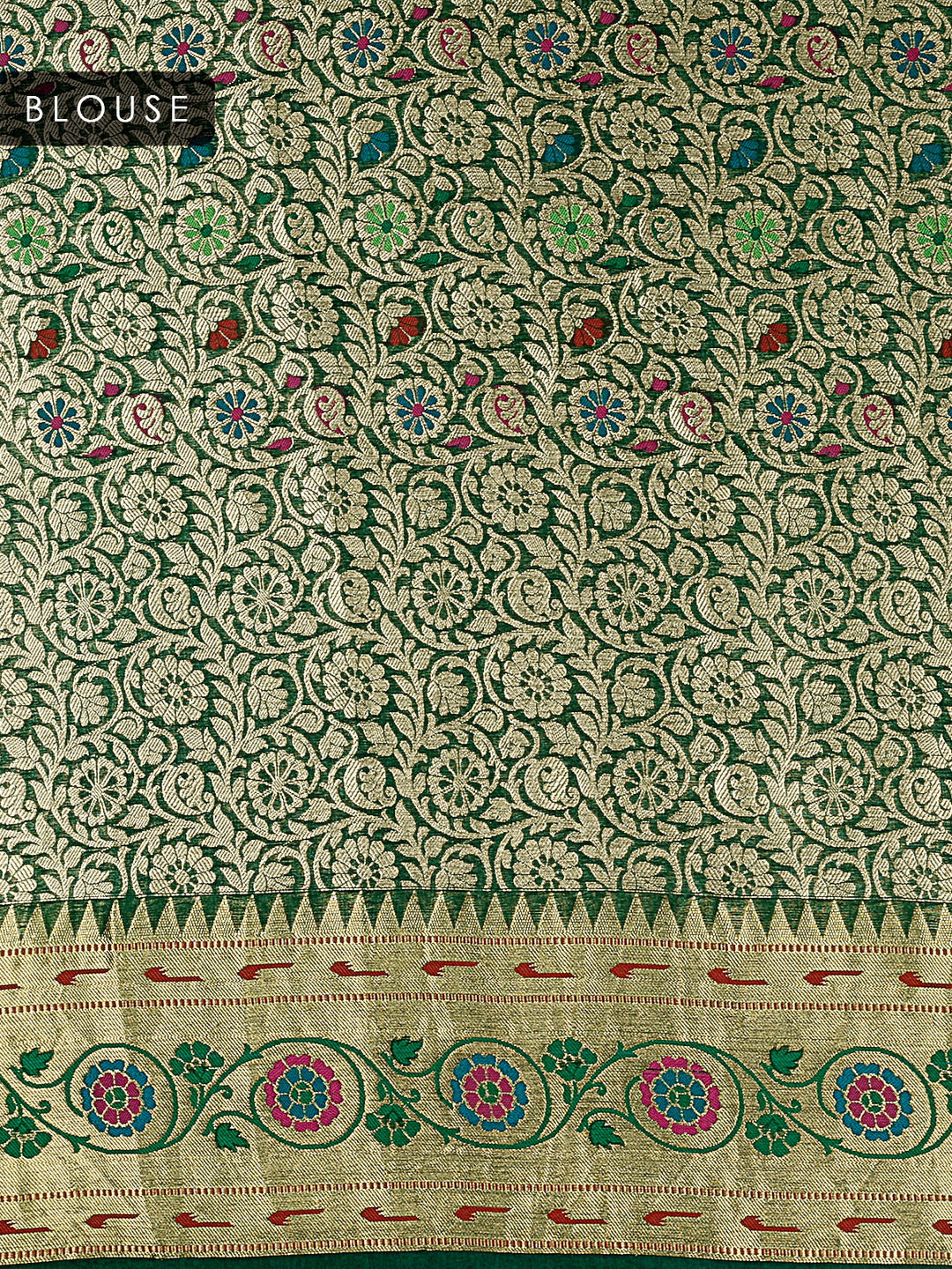 Green Organza Silk Gold Zari Buti Banarasi Saree_5