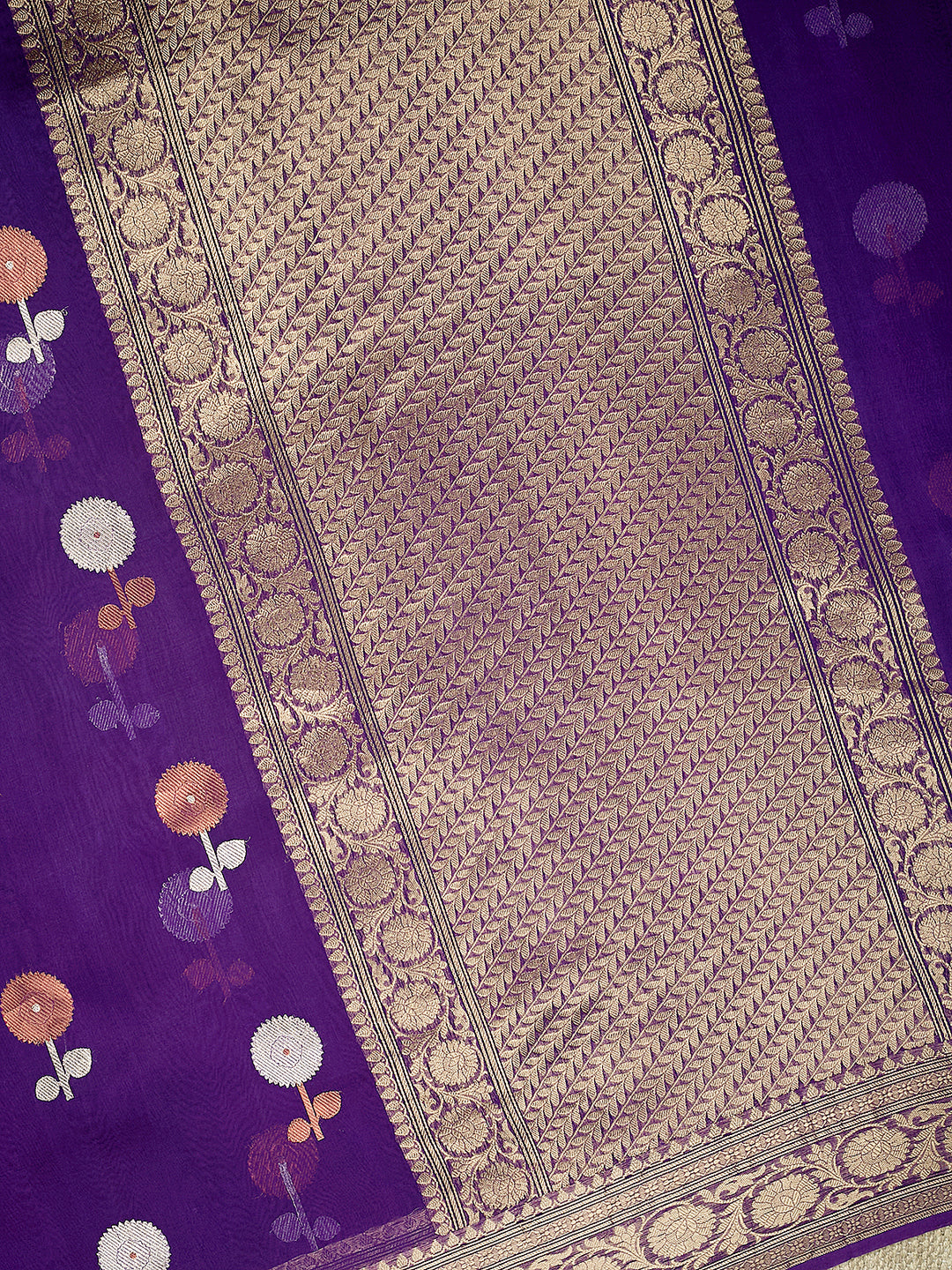 Purple Organza Silk Silver And Copper Zari Butis Banarasi Saree_3